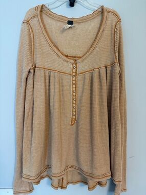 We The Free Beige Waffle Henley Long Sleeve Top